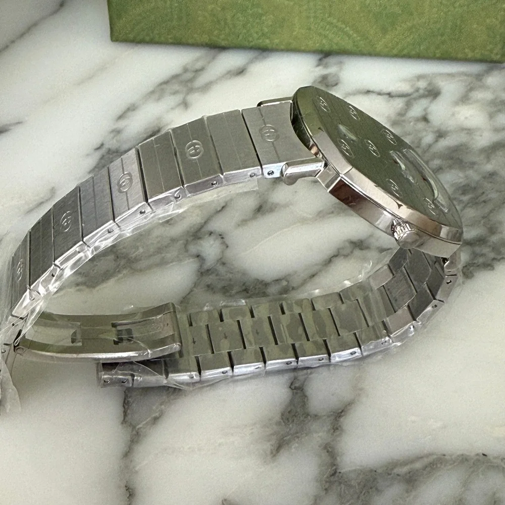 Gucci Grip Watch YA157401 Stainless Steel Silver Logo Engraved Swiss Made 38mm